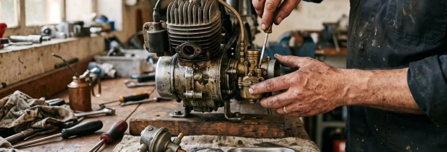 Des mains démontent le carburateur d'un cyclomoteur sur un établi d'atelier.